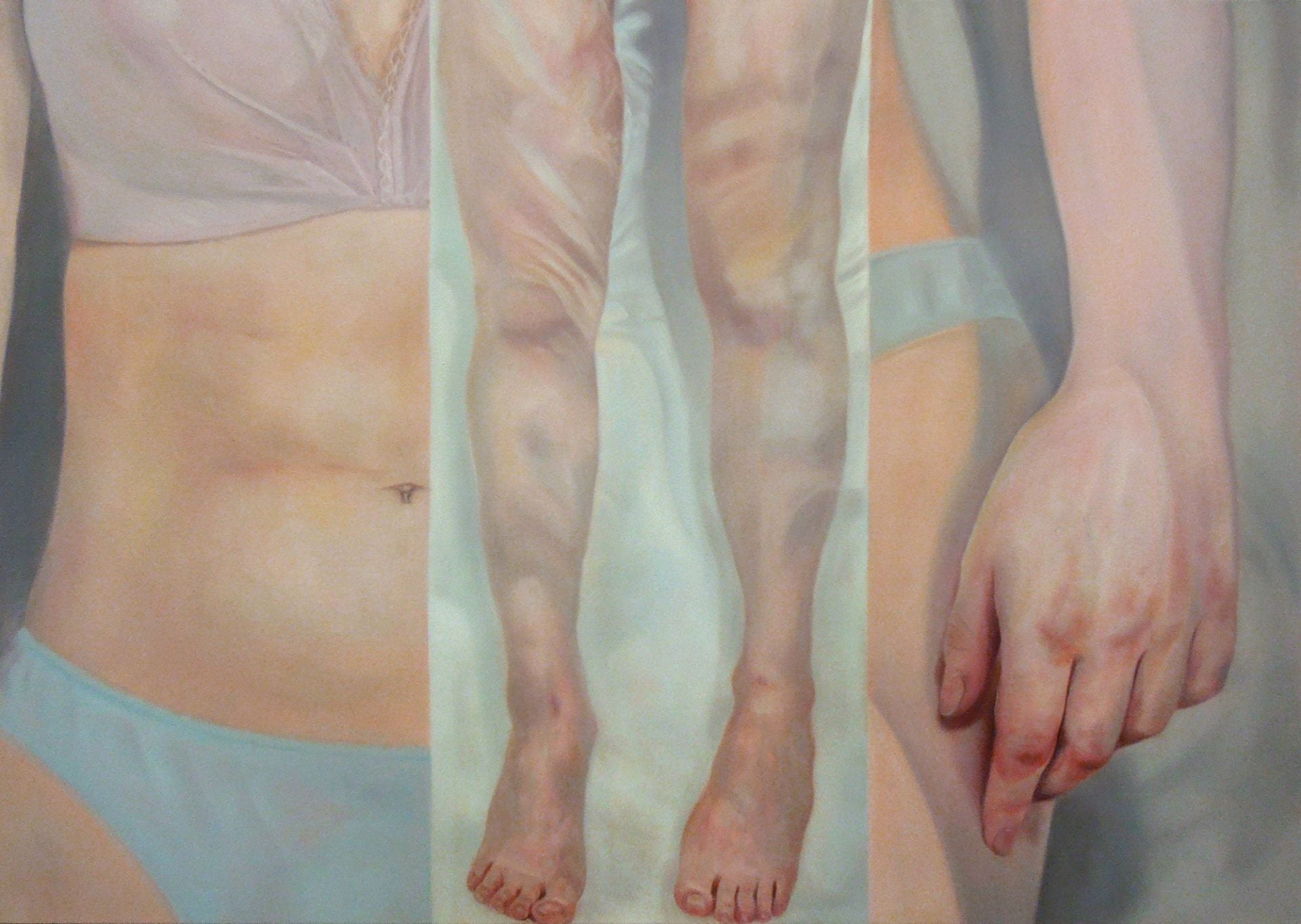 Painting of three views of the torso, legs, and hand of a light-skinned body wearing a bra and underwear.
