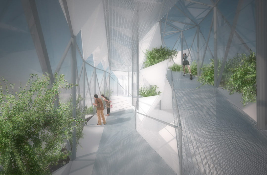 Perspective rendering inside an open-walled structure with two tiers of walking paths connected by ramps.