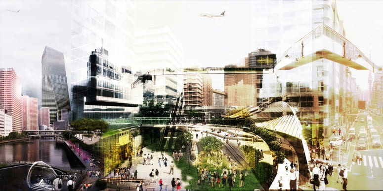 Collage showing different overlapping layers of cityscape, parks, and transportation systems.